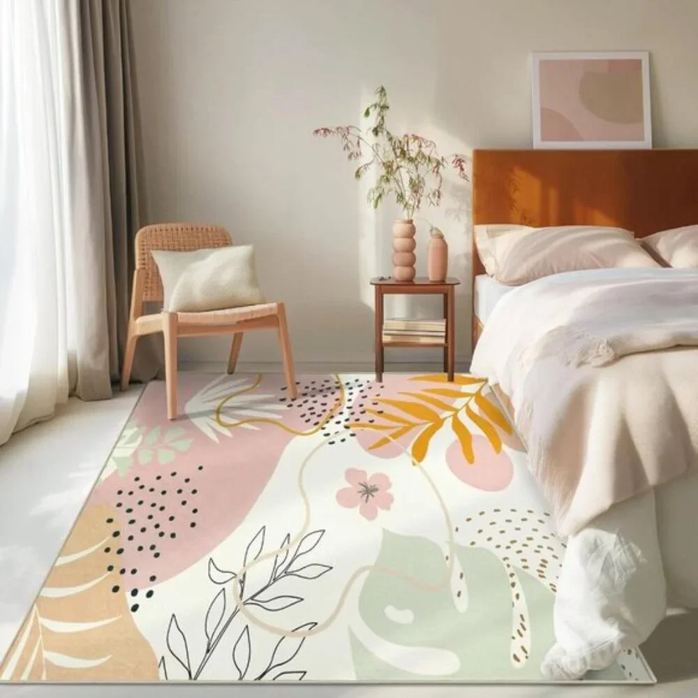 New 5x7 Pink Washable Rug, Soft Low Pile Botanical Carpet for Nursery & Room